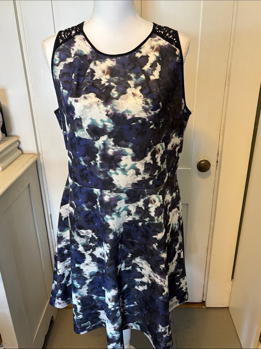 Mossimo Supply Co. Navy, White & Teal Floral-Print Fit-and-Flare Mini Dress